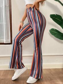 SHEIN Essnce Women's Bohemian Trousers, Comfortable Stretch Flared Trousers,Summer Bottoms,Striped Trousers,Resort Trousers,Women Pants - Multicolor - View 4