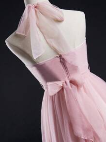 SHEIN Teen Girl Wedding Season Elegant Bridesmaid Dress With Netting Neckline, Floor-Length, Suitable For Weddings, Birthdays, Spring And Summer - Pink - View 5