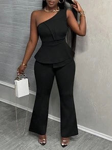 Slaydiva 優雅的不對稱領口合身腰身A字寬腿女裝兩件套 - 黑色 - 查看 5