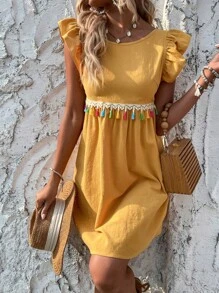 Breezaya Váy tua rua vàng tay bồng phong cách nghỉ mát mùa hè cho nữ - Màu vàng - Xem 5
