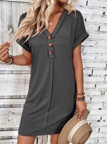 EMERY ROSE 女士時尚純色短袖鈕扣夏季連衣裙 - 深灰色 - 查看 5