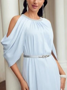 MOTF PREMIUM SOLID COLD SHOULDER FOLD PLEATED DRESS WITH BELT