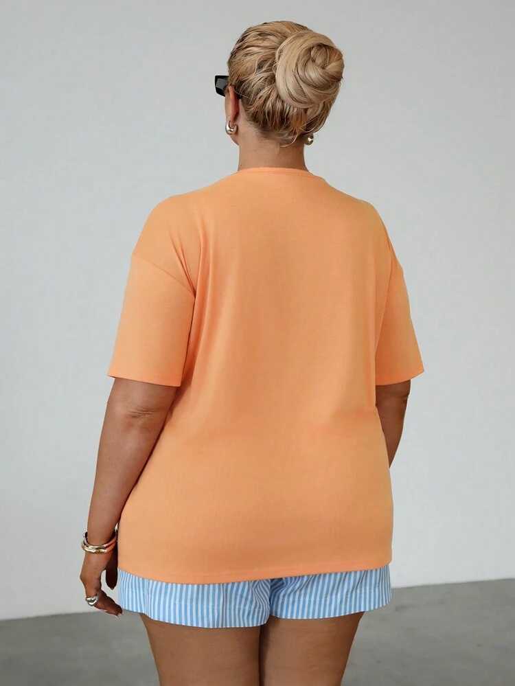 Plus Size Summer Beach Coconut Tree Print Casual Orange T-Shirt