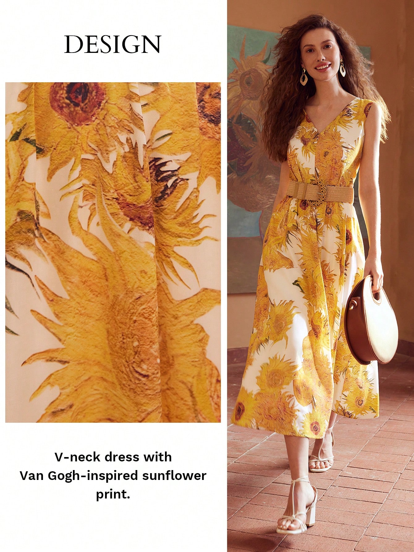 SUNFLOWER PRINT V-NECK RUCHED WAIST DRESS｜Motf