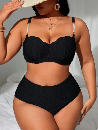Swim Lushoire Summer Beach Plus Size Women Fashionable Beaded Design Shoulder Strap Bikini Set