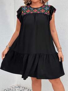 SHEIN VCAY Plus Size Embroidered Patchwork Cap Sleeve Round Neck Vacation Dress - Black - View 2