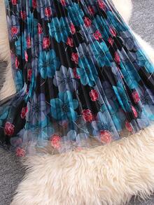 Women Skirts Berlipat Bunga Plants All Over Print Boho - Hitam - View 6