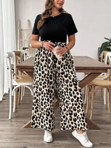 SHEIN LUNE Loose Fit Short Sleeve Leopard Print T-Shirt And Elastic Waist Wide Leg Pants Plus Size 2pcs/Set - Multicolor - View 5