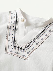 Cozy Pixies Baby Boy Traditional Patterned Short Sleeve Pullover With Stand Collar - White - View 3