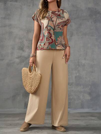 EMERY ROSE Conjunto de camisa de mujer con estampado de cachemira y pantalones de unicolor