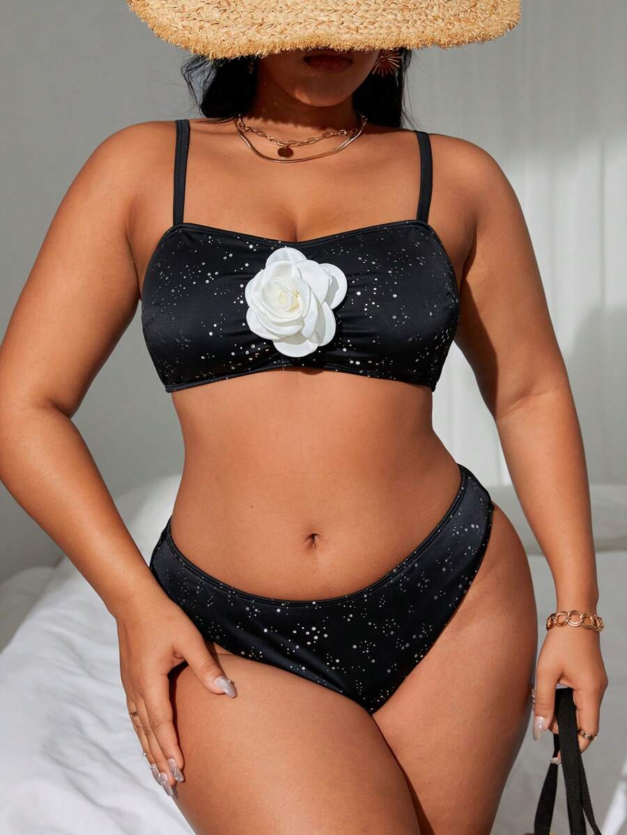 SHEIN Swim Curve 夏季大码白色 3D 花卉装饰比基尼套装 - 黑色 - 查看 1