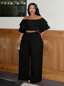 Slaydiva Casual Basic Off-Shoulder Ruffle Wide Leg Jumpsuit Plus Size For Women,Holiday Outfits - Black - View 1