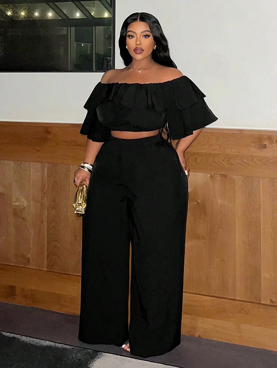 Slaydiva Casual Basic Off-Shoulder Ruffle Wide Leg Jumpsuit Plus Size For Women,Holiday Outfits - Black - View 1