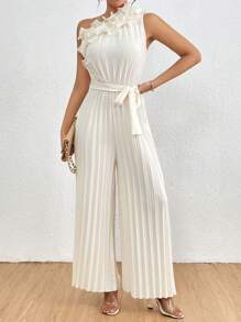 Chiquease Women's Summer Elegant Solid Color Asymmetrical Neckline Pleated Sleeveless Jumpsuit - Apricot - View 6