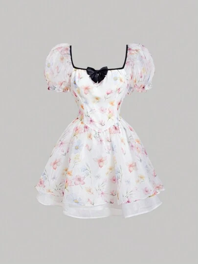 SHEIN MOD Färgglad lantlig stil Söt organzatryckt bubbelärmsklänning med pilbåge för flickor på sommaren bröllop gäst sommar sommar outfits