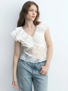 Maija Women's V-Neck Solid Color Simple Shirt With Ruffle Trim For Spring And Summer - White - View 6