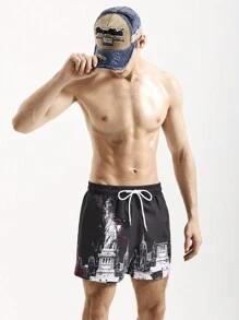Surfspeed Pantalones cortos de playa sueltos para hombre con cintura ajustable con cordón y estampado de la estatua de la libertad
