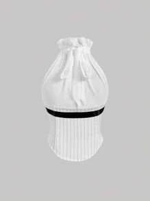 SHEIN MOD Crop Stand Collar Sheer Chiffon Women Blouse With Pleated Detail - White - View 2