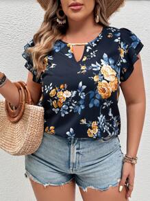 SHEIN VCAY Blusa de manga con volantes y estampado floral para mujer de talla grande con estilo de vacaciones - Azul Marino - Ver 1