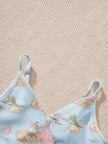 The Wizard of Oz X SHEIN 3pcs Set Young Girl Blue Cute Cartoon Knitted Casual Overall, Skirt Beach Bikini Outfits - Blue - View 3