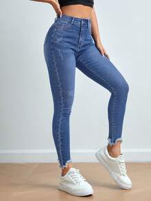 SHEIN PETITE Pantalones vaqueros de mezclilla ajustados y cepillados de unicolor de moda para mujer - azul real - Ver 3