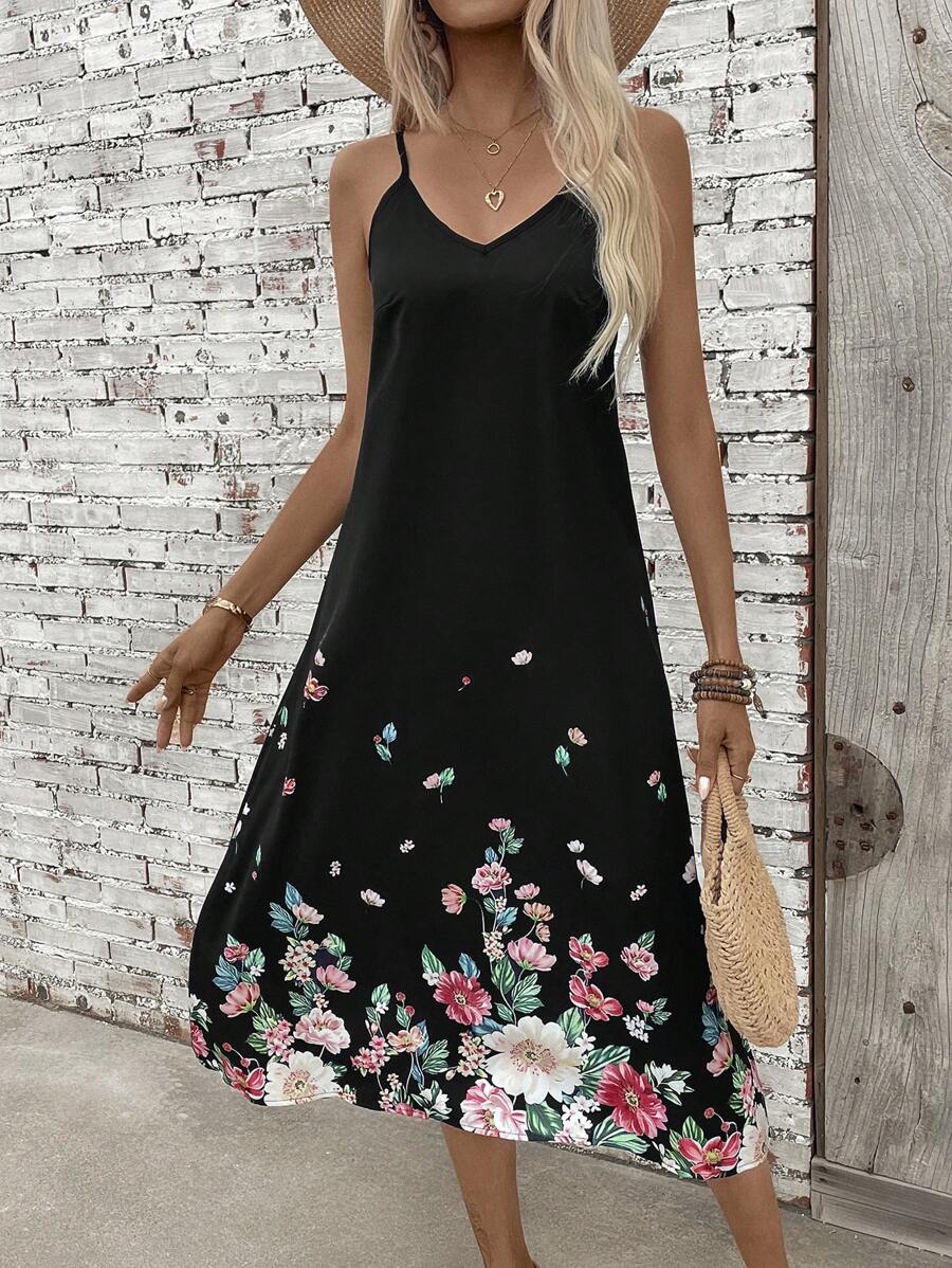 SHEIN VCAY Phong cách kỳ nghỉ Váy trơn in hoa cho mùa hè - màu đen - Xem 1