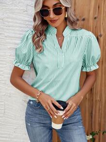 Chiquease Women's Notched Collar Striped Printed Short Sleeve Shirt For Summer