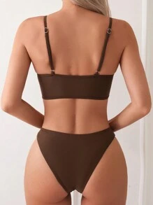 SHEIN Swim 夏季女士纯色性感比基尼套装棕色度假泳衣（两件套） - 咖啡棕 - 查看 8