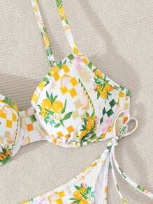 SHEIN Swim Women's Holiday Fruit Printed Bikini Set With Lace-Up Thong And Halter Neck Top,Summer Beach - Multicolor - View 4