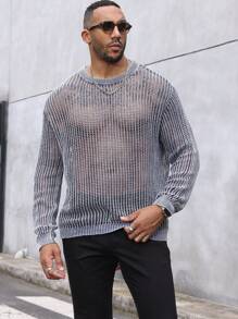 Manfinity Homme Men's Plus Size Loose Hollow Out Sweater With Round Neckline And Drop Shoulder Design - Blue - View 3