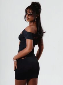 MUSERA Black Cut Out Bardot Sexy Club Bodycon Dress Spring Cute Summer Vacation Festival Holiday - Black - View 2