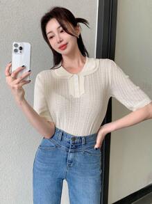 DAZY Damen Elegantes Kurzarm-Top in einfarbigem Strick - Beige - Übersicht 2