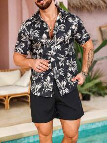 Manfinity Homme Bộ đồ hai mảnh áo sơ mi và quần short họa tiết hoa cổ điển dành cho nam, bãi biển, nhiệt đới, chồng, nhiều màu sắc, toàn ảnh - màu đen - Xem 8
