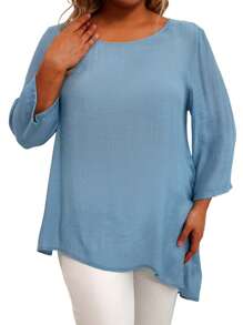 SHEIN LUNE Plus Size Women Solid Color Simple Style Daily Wear Shirt - Blue - View 3