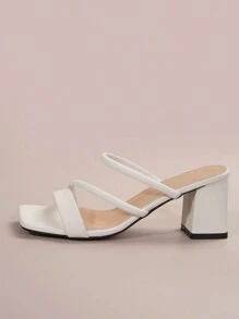 春夏法式方头高跟凉鞋，白色简约风格人造革粗跟凉鞋，适合女性穿着，可用于街头、约会、派对、晚宴、通勤和商务场合。 - 白色 - 查看 6