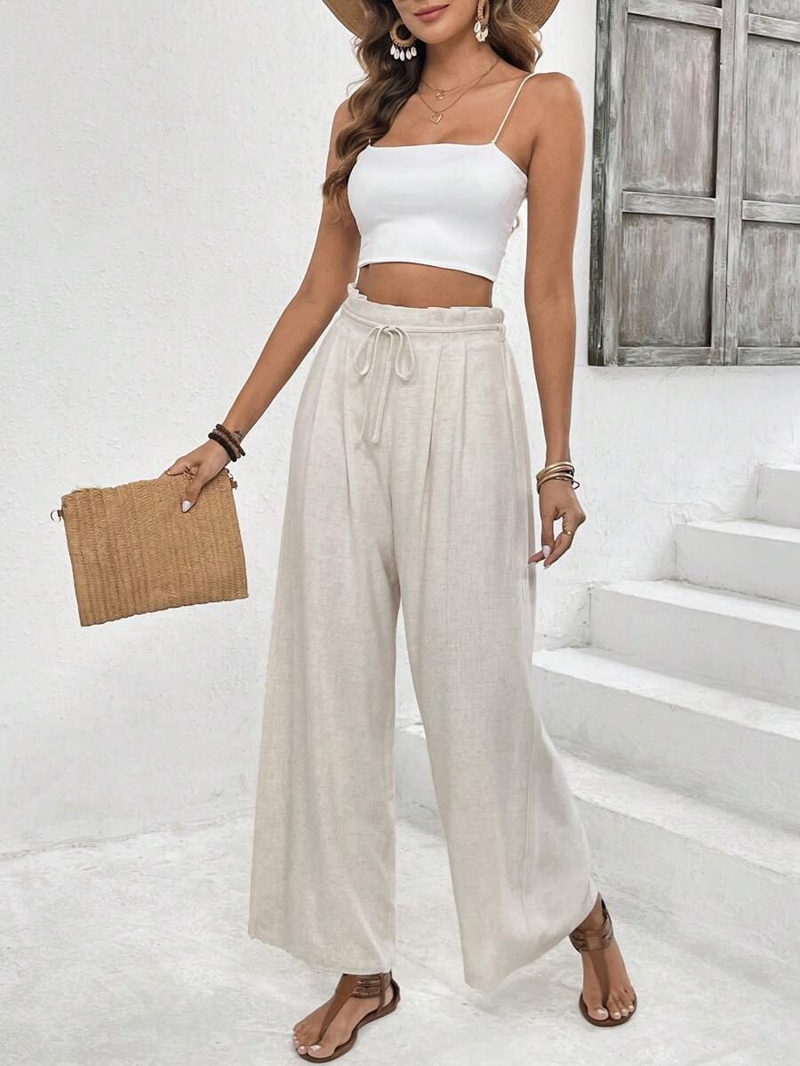 SHEIN Frenchy Women's Linen Pants Old Money Style Texture Wide Leg Pants Winter Casual - Apricot - View 1
