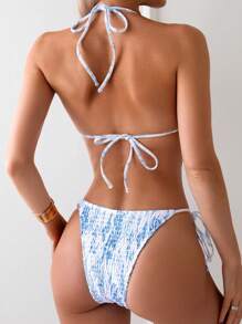 SHEIN Swim Bộ bikini cổ yếm in hoa cho nữ, Bộ bikini đi nghỉ có in hình ngẫu nhiên, Bãi biển mùa hè - Xanh và trắng - Xem 2