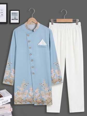Men Blue Long Sleeve Cardigan T-Shirt And Casual White Long Pants 2pcs/Set Daddy And Me Matching Outfits (Sold Separately)