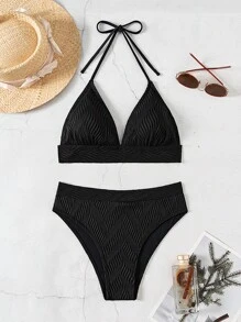 SHEIN Swim Women's Vacation Solid Color Halter Neck Tie Sexy Bikini Set, Two Pieces,Summer Beach - Black - View 4