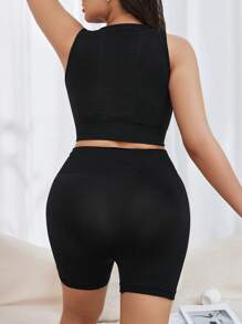 Plus Size Women's Solid Color Simple Daily Shapewear Set - Black - View 2