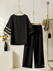 Lacomfia Plus Size Women Summer Loose Fit Casual 2pcs/Set: Solid Color Round Neck Mesh Top And Wide Leg Pants 2 Pieces Set - Black - View 2