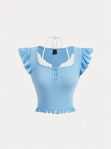 SHEIN MOD Square Collar Color-Blocked Lace Spliced Flutter Sleeve T-Shirt With Ruffle Hem