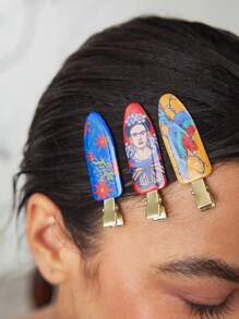 Frida Kahlo X SHEIN 6pcs Flower And Butterfly Print Crease-Free Hair Clips, These Hair Clips Leave No Marks