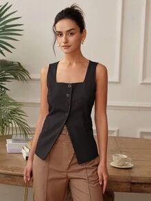 Damen Quadratisch Neck Kurzarm Knopf Vorne Split Saum Figurbetonte Lässig Trägertops, Oldmoney Crop Tops, Rückenfrei Business Lässig Westen, Frühling & Sommer