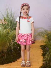 The Wizard of Oz X SHEIN Young Girl Floral And Figure Graphic Colorblock Ruffle Trim Puff Sleeve Tee - White - View 7