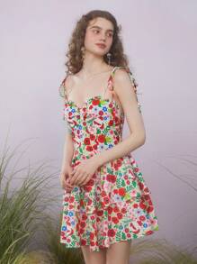 The Wizard of Oz X SHEIN Vestido de tirantes con volantes en capas y estampado floral para verano