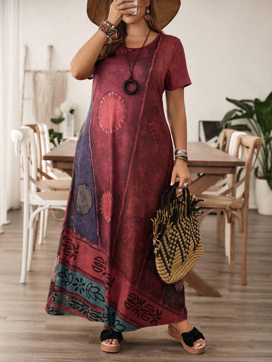 EMERY ROSE Plus Size Summer Printed Dress, Vintage Long Dress - Multicolor - View 1
