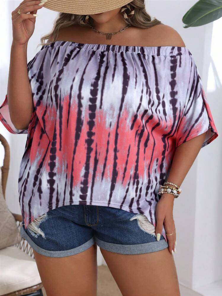 Plus Size Women Minimalist Off Shoulder Random Printed Daily Shirt