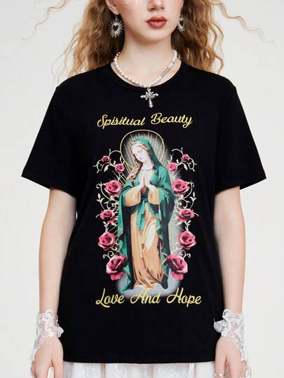 Camiseta casual de manga corta para mujer con estampado floral de la Virgen María y cuello redondo para verano