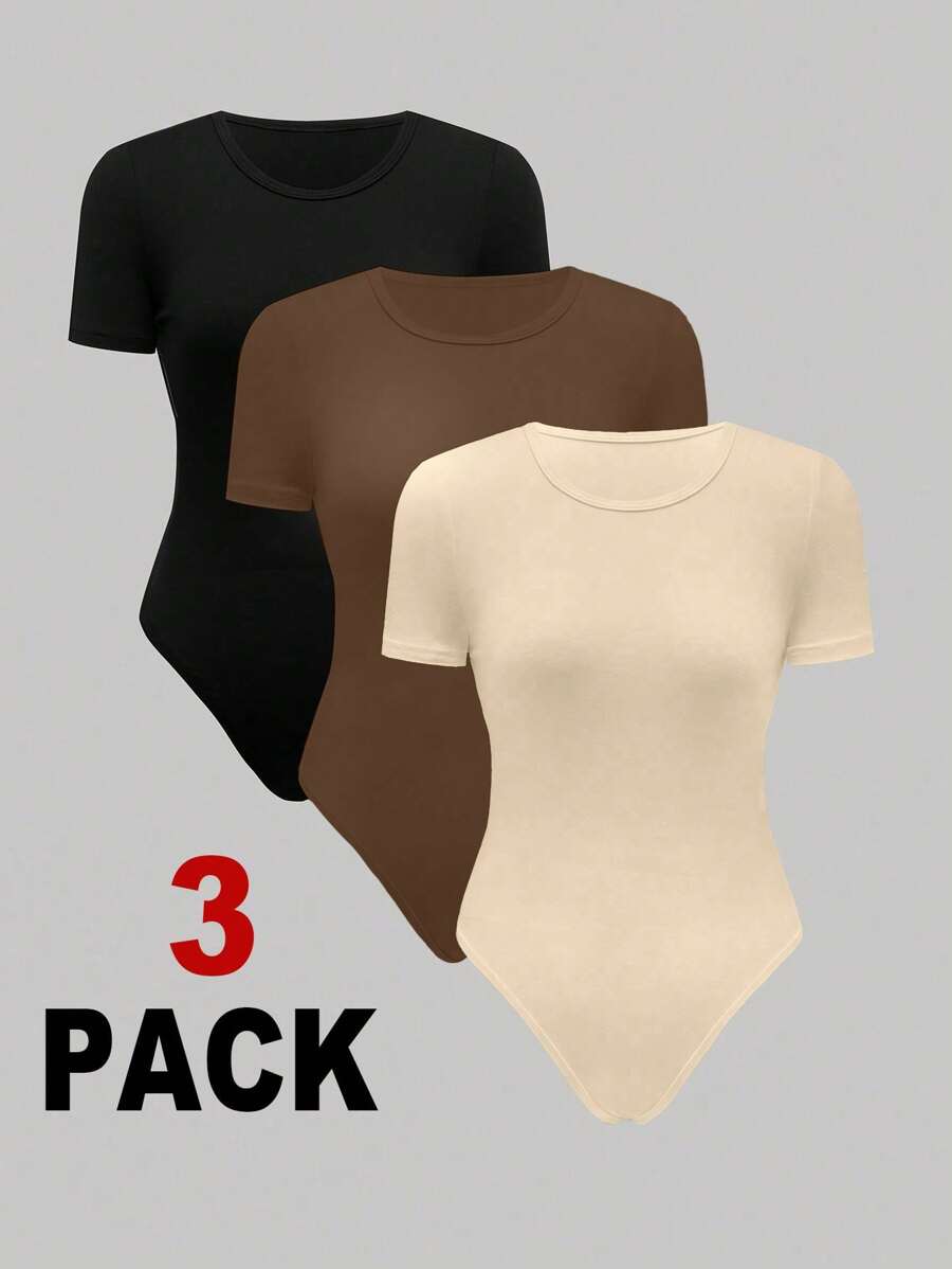 Flirla Solid Color Round Neck Short Sleeve Bodysuit For Summer